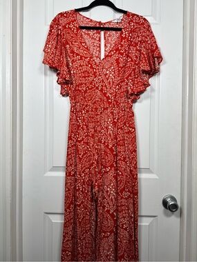 Jack by BB Dakota Red Orange Floral Maxi Romper Overlay Dress Size M